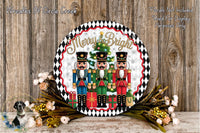 A decorative wreath featuring nutcracker soldiers and a Christmas tree, with the text &quot;Merry & Bright&quot; displayed on the wreath. The wreath is surrounded by flowers and placed on a wooden surface.