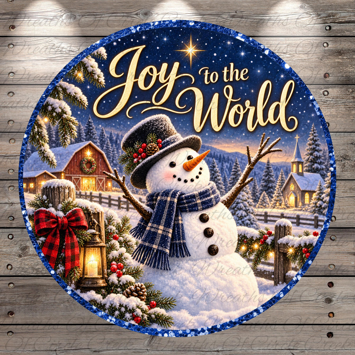 A snowman wearing a blue scarf and hat stands in a snowy village, with a starry night sky and a church in the background.