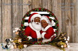 A festive wreath featuring Santa Claus and his reindeer, surrounded by a wreath of holly and berries, placed on a wooden surface.