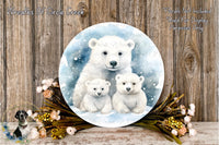 A circular wreath with a white polar bear and two baby polar bears, surrounded by a floral arrangement and a wooden background.