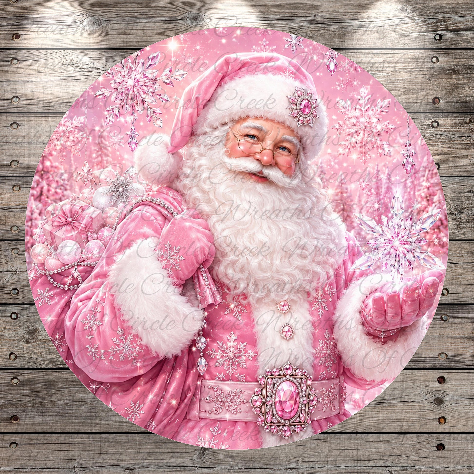 A festive Christmas scene featuring a smiling, bearded Santa Claus figure dressed in a pink outfit, surrounded by snowflakes and sparkling decorations.