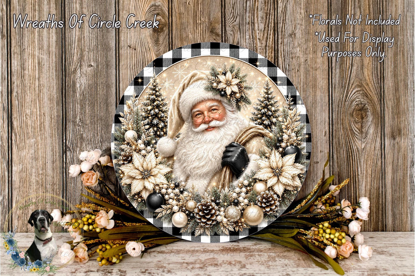 A decorative wreath featuring a smiling Santa Claus surrounded by various holiday-themed elements, including pine cones, flowers, and ornaments, set against a rustic wooden background.
