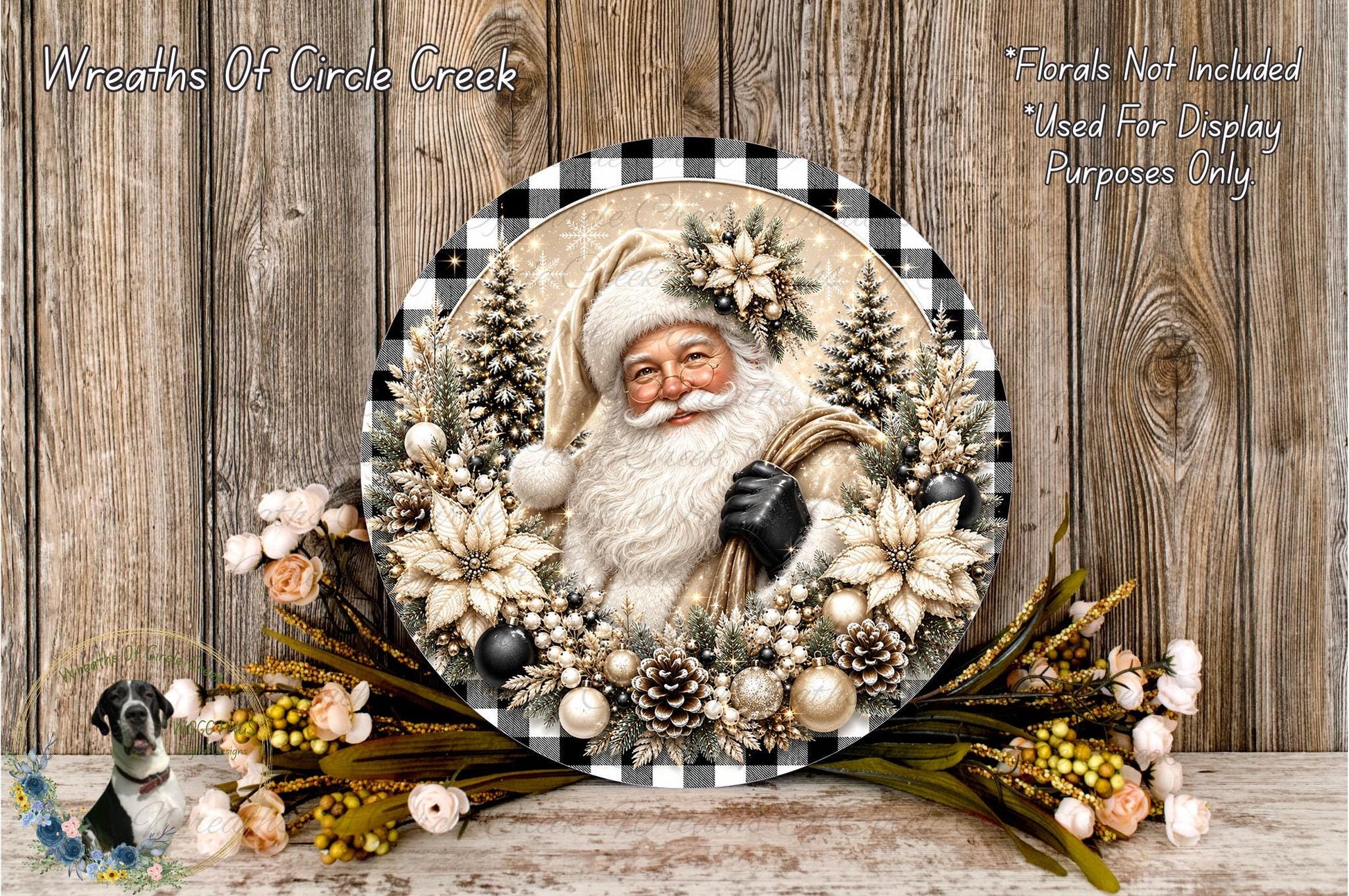 A decorative wreath featuring a smiling Santa Claus surrounded by various holiday-themed elements, including pine cones, flowers, and ornaments, set against a rustic wooden background.