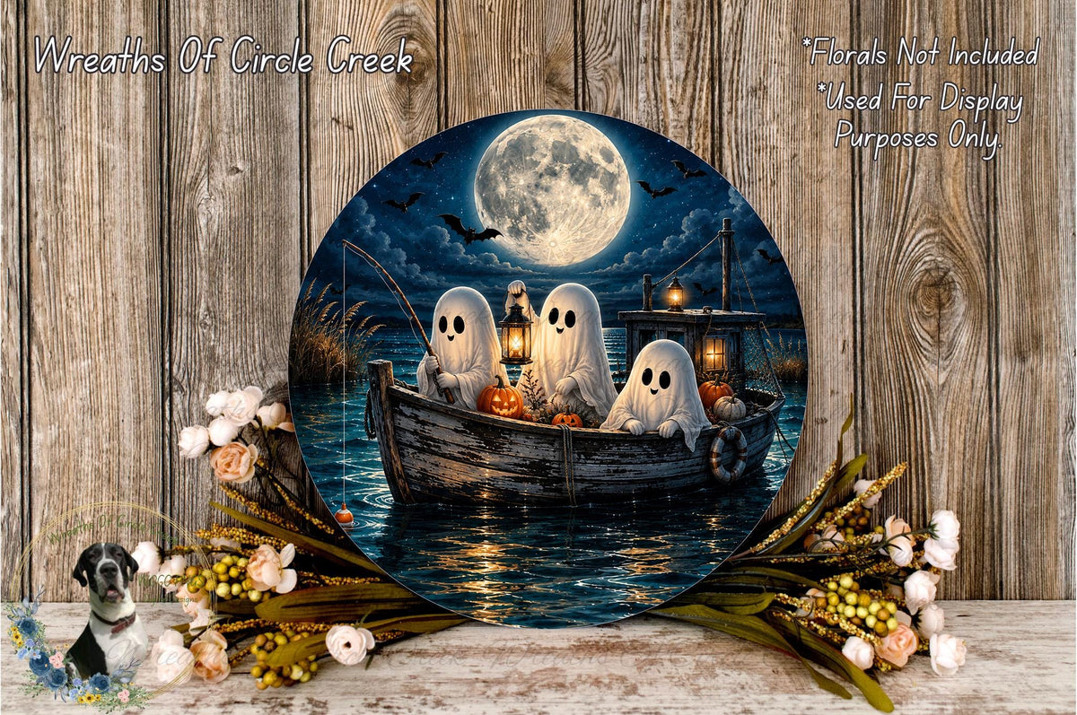 a Halloween-themed scene with three ghostly figures floating on a boat in a dark, moonlit lake. The boat is adorned with pumpkins and other spooky decorations, creating a festive atmosphere. The background features a full moon and bats, adding to the eerie ambiance. The image is a collage of various Halloween-themed elements, including pumpkins, bats, and a full moon, all set against a wooden background.