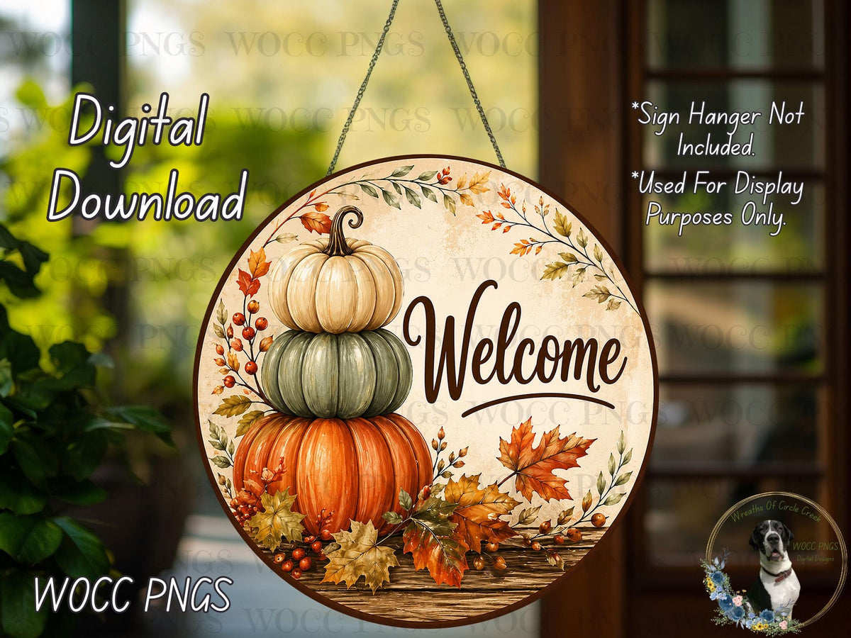 The image is a digital download of a welcome sign featuring a stack of three pumpkins and autumn leaves.