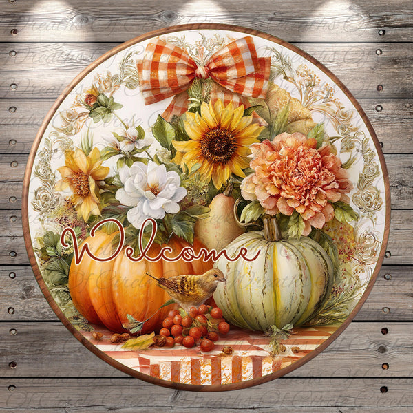 A decorative plate with a welcoming message, featuring a variety of autumn-themed elements such as sunflowers, pumpkins, and berries.