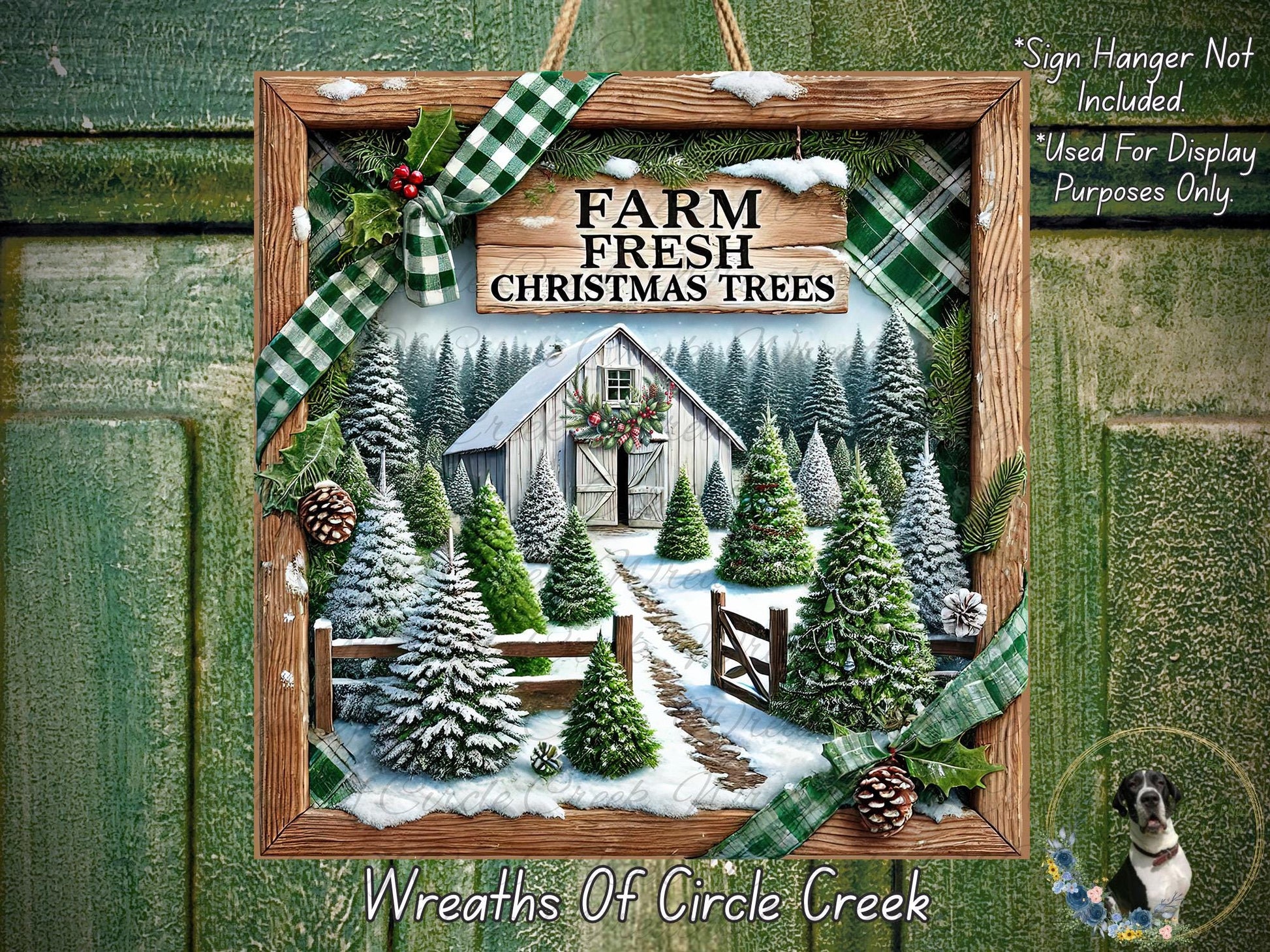 The image is a framed collage depicting a snowy Christmas scene with a barn, trees, and a dog. The collage includes a sign that reads "Farm Fresh Christmas Trees" and a banner that says "Wreaths Of Circle Creek".