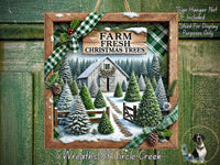 The image is a framed collage depicting a snowy Christmas scene with a barn, trees, and a dog. The collage includes a sign that reads "Farm Fresh Christmas Trees" and a banner that says "Wreaths Of Circle Creek".