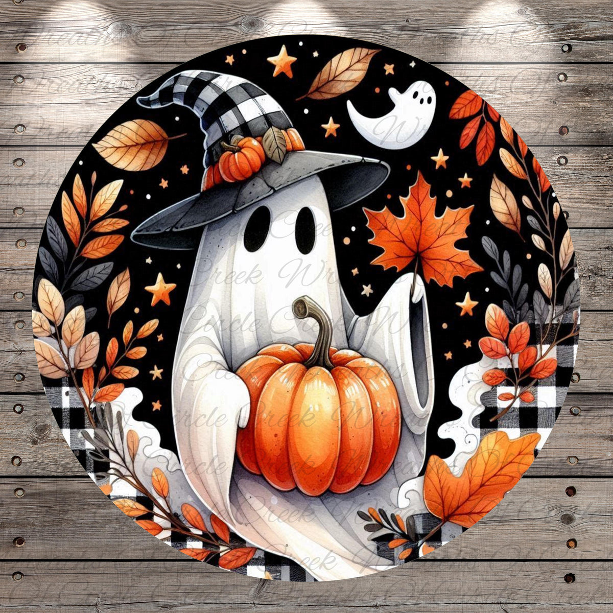 A whimsical illustration of a ghost dressed as a witch, holding a pumpkin and surrounded by autumn leaves and a ghost in the night sky.