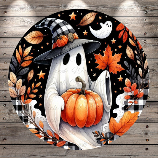 A whimsical illustration of a ghost dressed as a witch, holding a pumpkin and surrounded by autumn leaves and a ghost in the night sky.