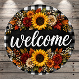 Welcome Sunflower Buffalo Check Aluminum Metal Wreath Sign (Lightweight, No Holes)