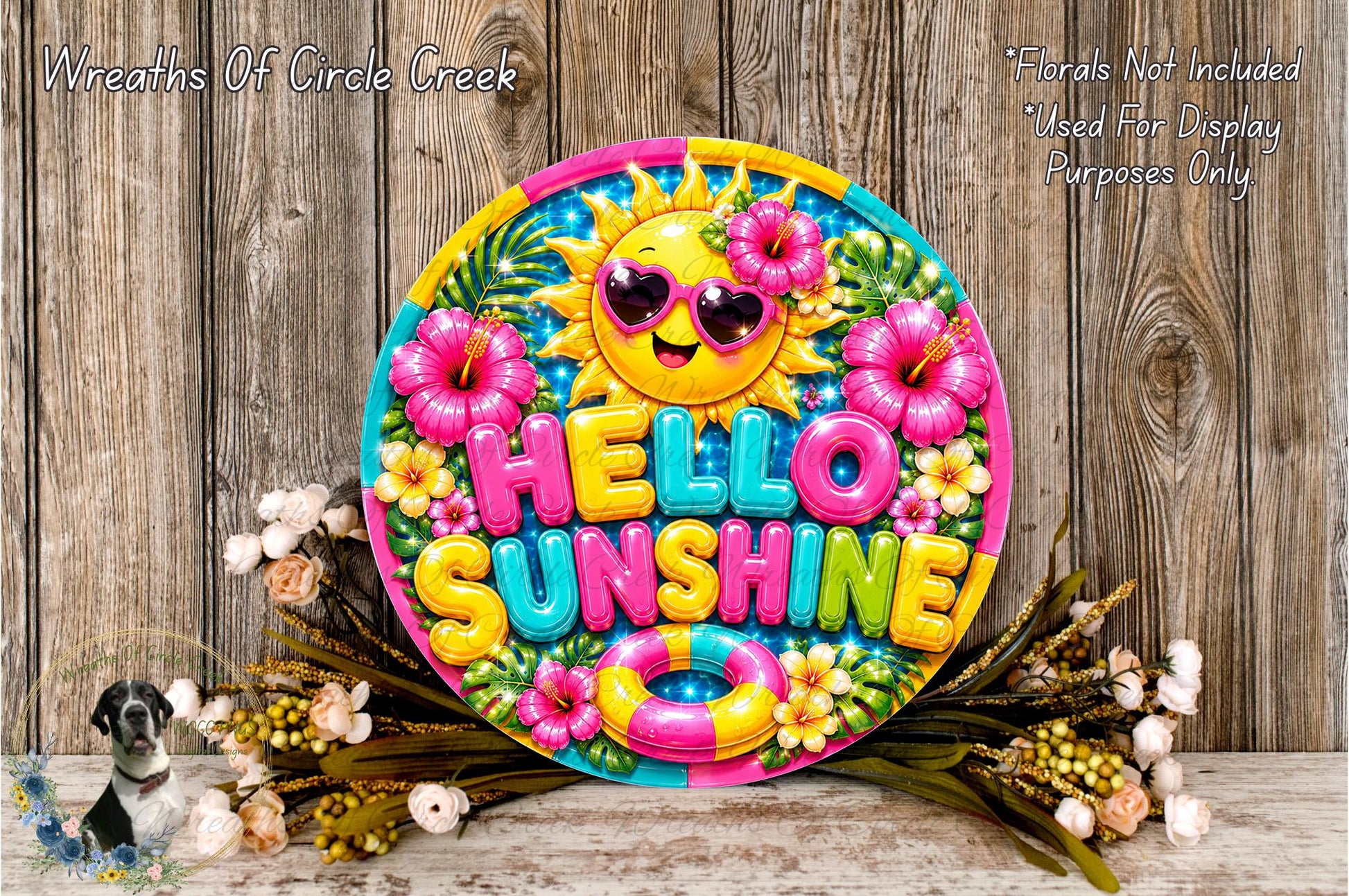 A colorful, decorative wreath with the text "Hello Sunshine" in the center, surrounded by various flowers and foliage.