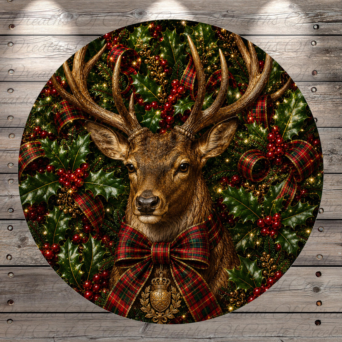 A deer with large antlers is surrounded by a festive Christmas wreath, featuring red berries, holly leaves, and plaid ribbons.