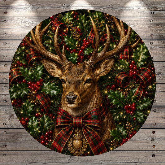 A deer with large antlers is surrounded by a festive Christmas wreath, featuring red berries, holly leaves, and plaid ribbons.