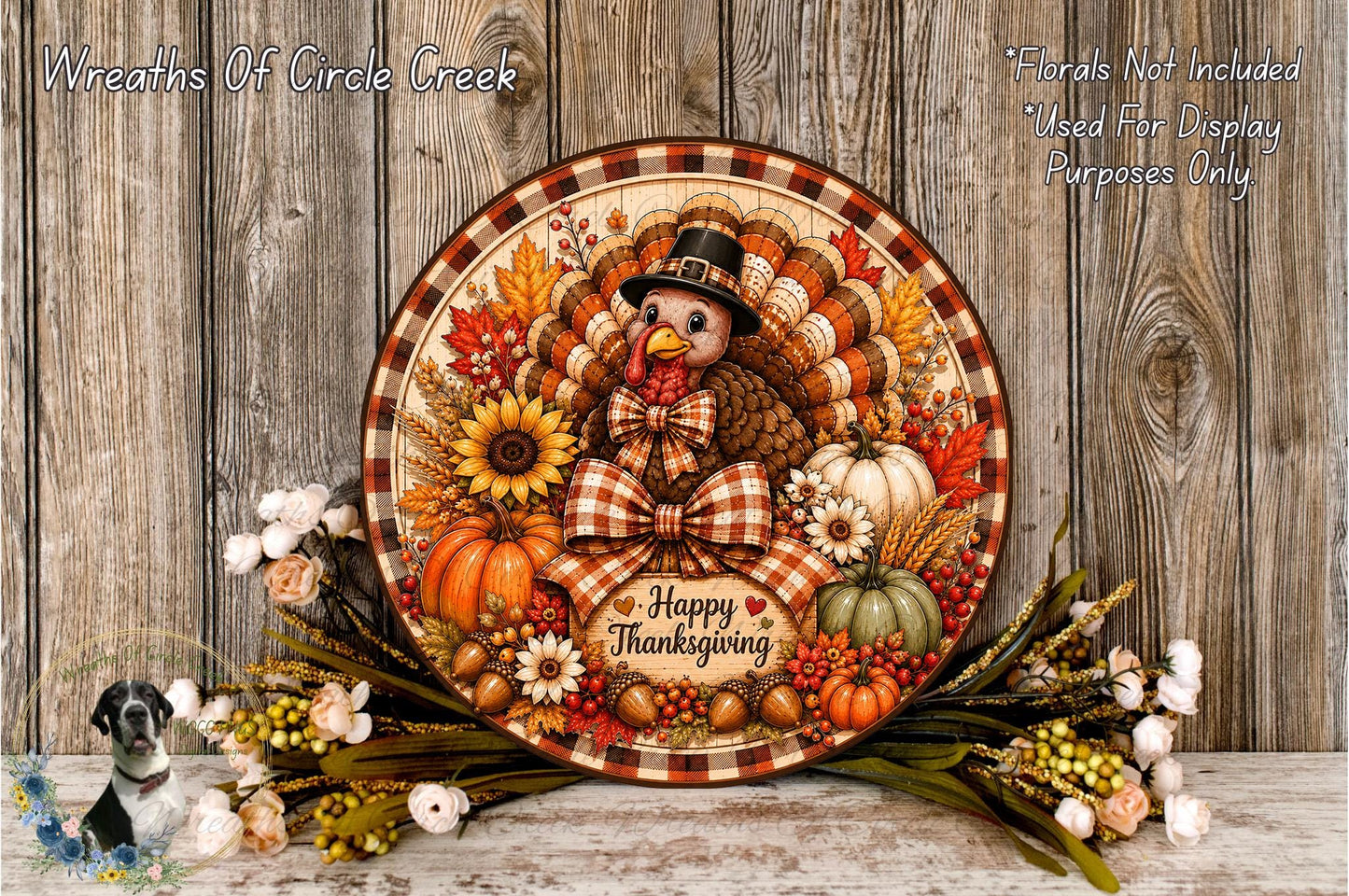 A decorative Thanksgiving wreath with a turkey, sunflowers, pumpkins, and other fall-themed elements, surrounded by a floral arrangement and a "Happy Thanksgiving" sign.
