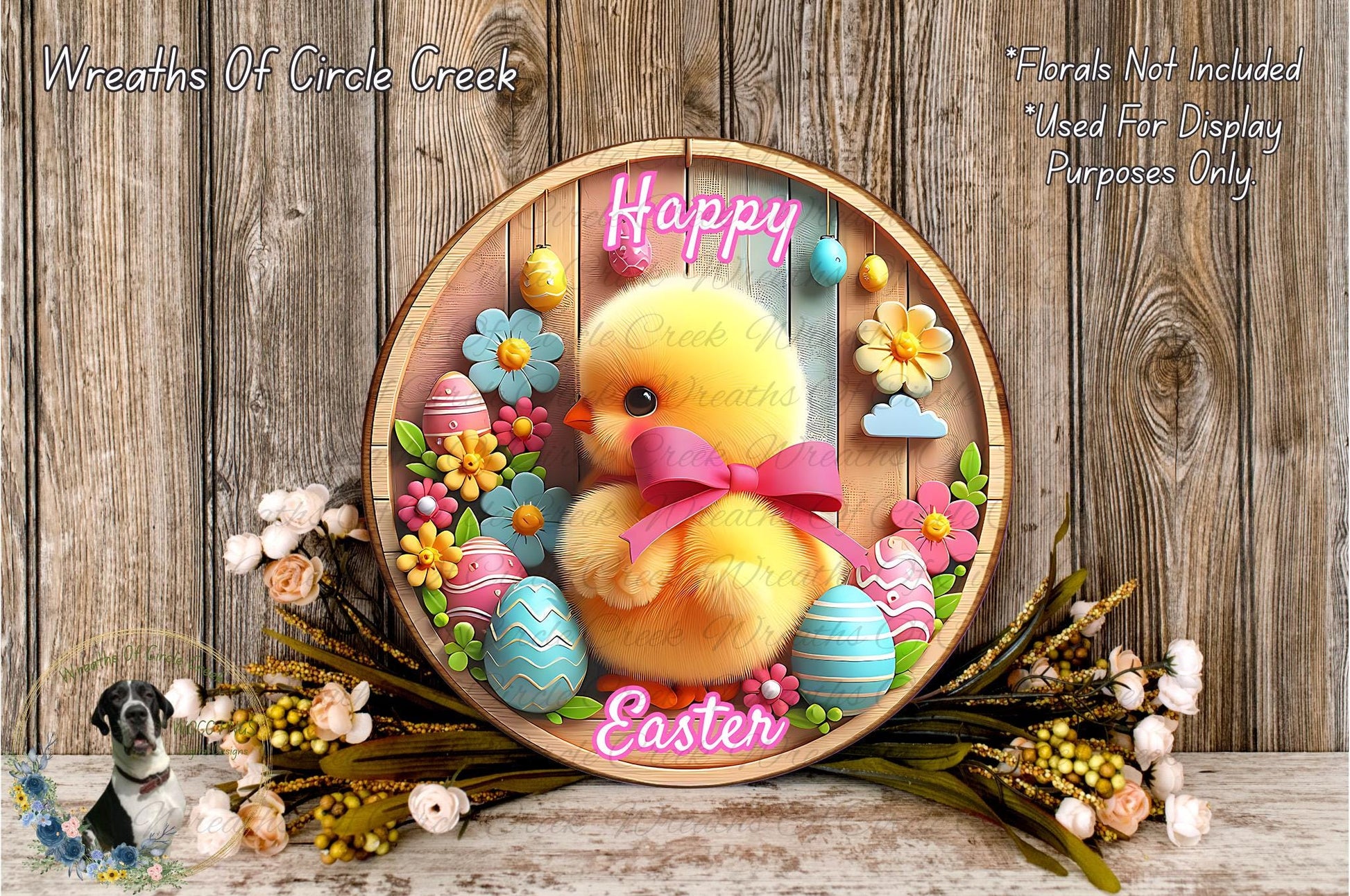 A decorative Easter wreath featuring a yellow chick surrounded by colorful Easter eggs, flowers, and a pink bow.