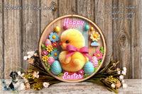A decorative Easter wreath featuring a yellow chick surrounded by colorful Easter eggs, flowers, and a pink bow.