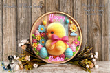 A decorative Easter wreath featuring a yellow chick surrounded by colorful Easter eggs, flowers, and a pink bow.