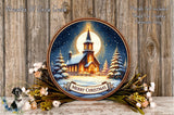 A circular wooden plaque with a winter scene depicting a church and snow-covered trees, surrounded by a wreath of flowers and greenery.