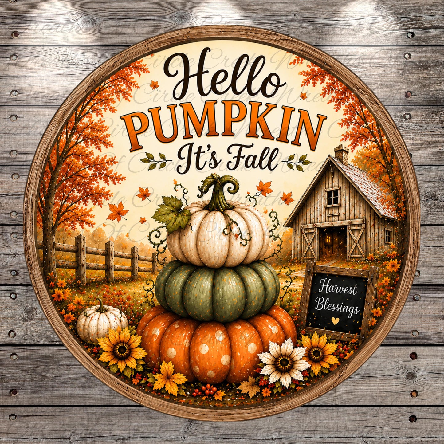 A decorative plate with a fall theme, featuring a barn, pumpkins, flowers, and leaves. The text on the plate reads "Hello PUMPKIN It's Fall Harvest Blessings".