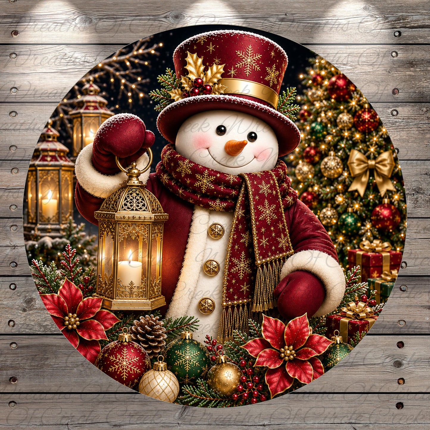 A festive Christmas scene featuring a snowman holding a lantern, surrounded by ornaments, pine cones, and a decorated Christmas tree.