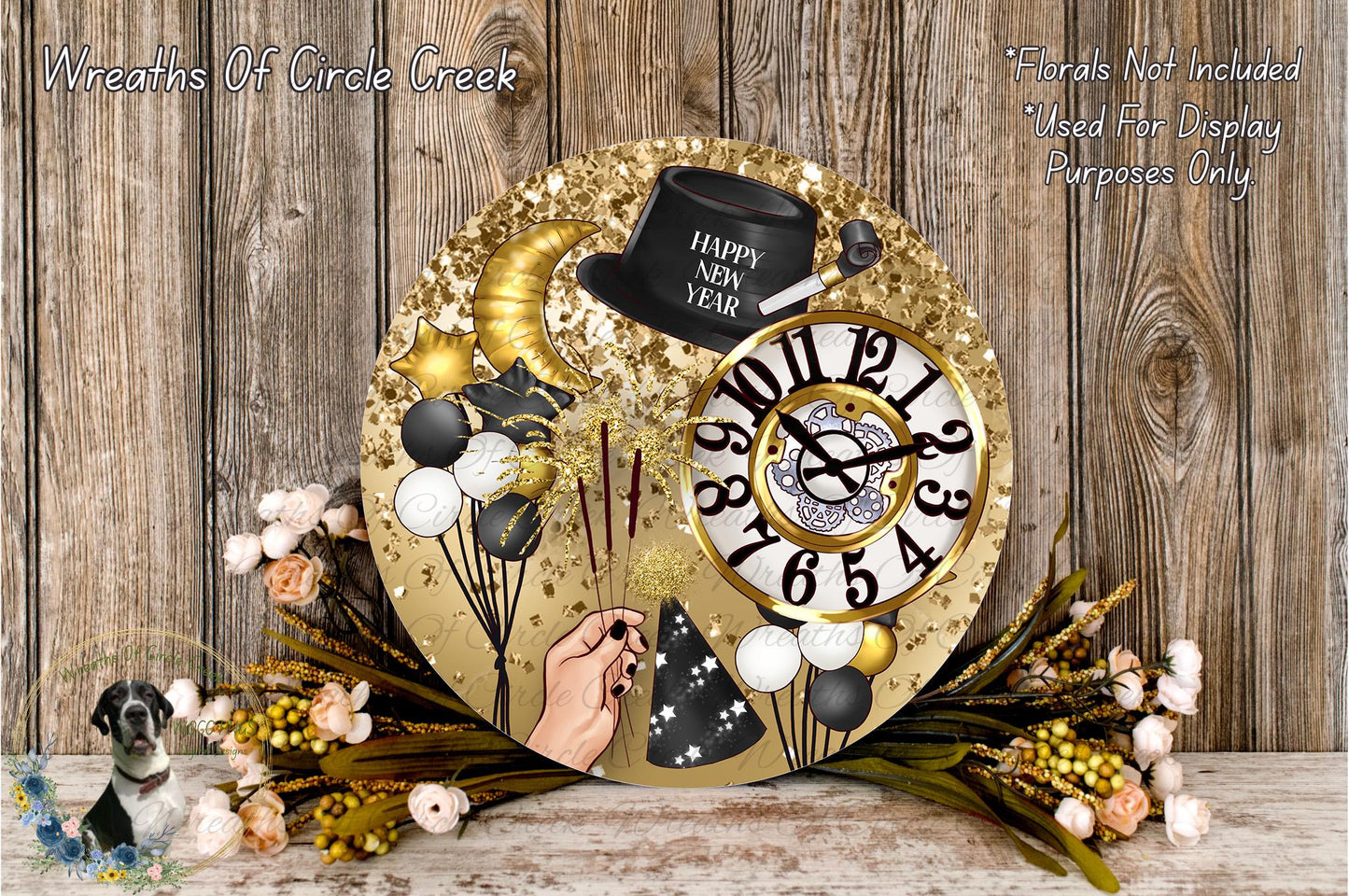 Happy New Year Clock Sign | Lightweight Round Metal Wreath Sign | No Holes in Sign | Festive Party Decor