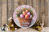 A round wooden plaque with a basket of Easter eggs and flowers, surrounded by a floral arrangement and a wooden wall.