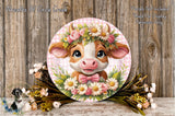 A decorative cow wreath with a floral headpiece, surrounded by a bouquet of flowers and greenery, placed on a wooden surface.