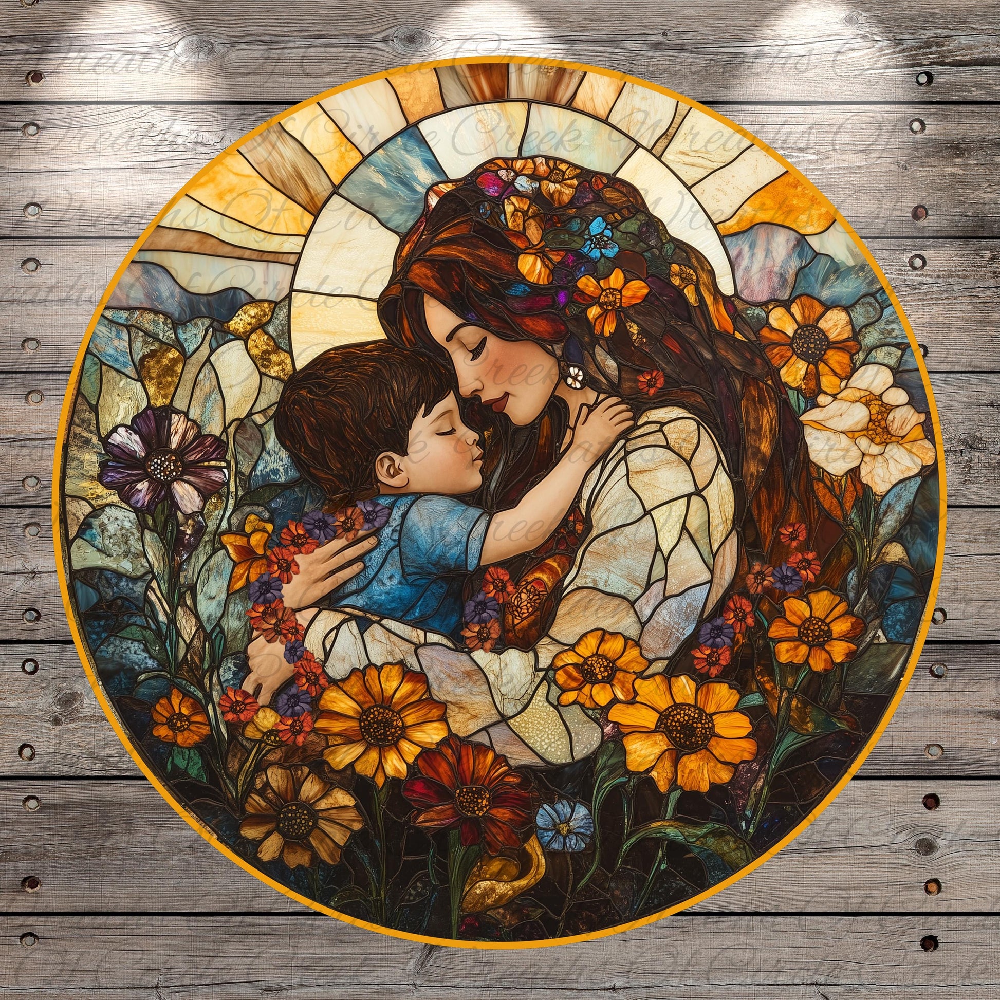 A stained glass image depicting a woman embracing a child, surrounded by a vibrant floral and natural landscape.