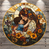 A stained glass image depicting a woman embracing a child, surrounded by a vibrant floral and natural landscape.