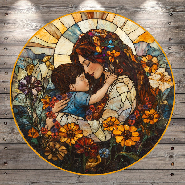 A stained glass image depicting a woman embracing a child, surrounded by a vibrant floral and natural landscape.