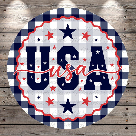 a circular design with the word "USA" prominently displayed in the center, surrounded by stars and stripes in red, white, and blue colors.