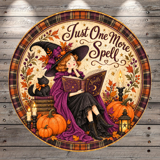 A round, decorative plate featuring a witch in a purple dress and black hat, surrounded by autumn-themed elements such as pumpkins, candles, and a book titled "Spills".