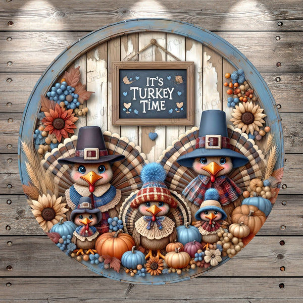 It's Turkey Time, Turkeys, Thanksgiving, Fall Foliage, Sunflower, Pumpkin, Blue, Orange, Collage, Rustic, Round, Light Weight, Metal Wreath Sign, No Holes In Sign