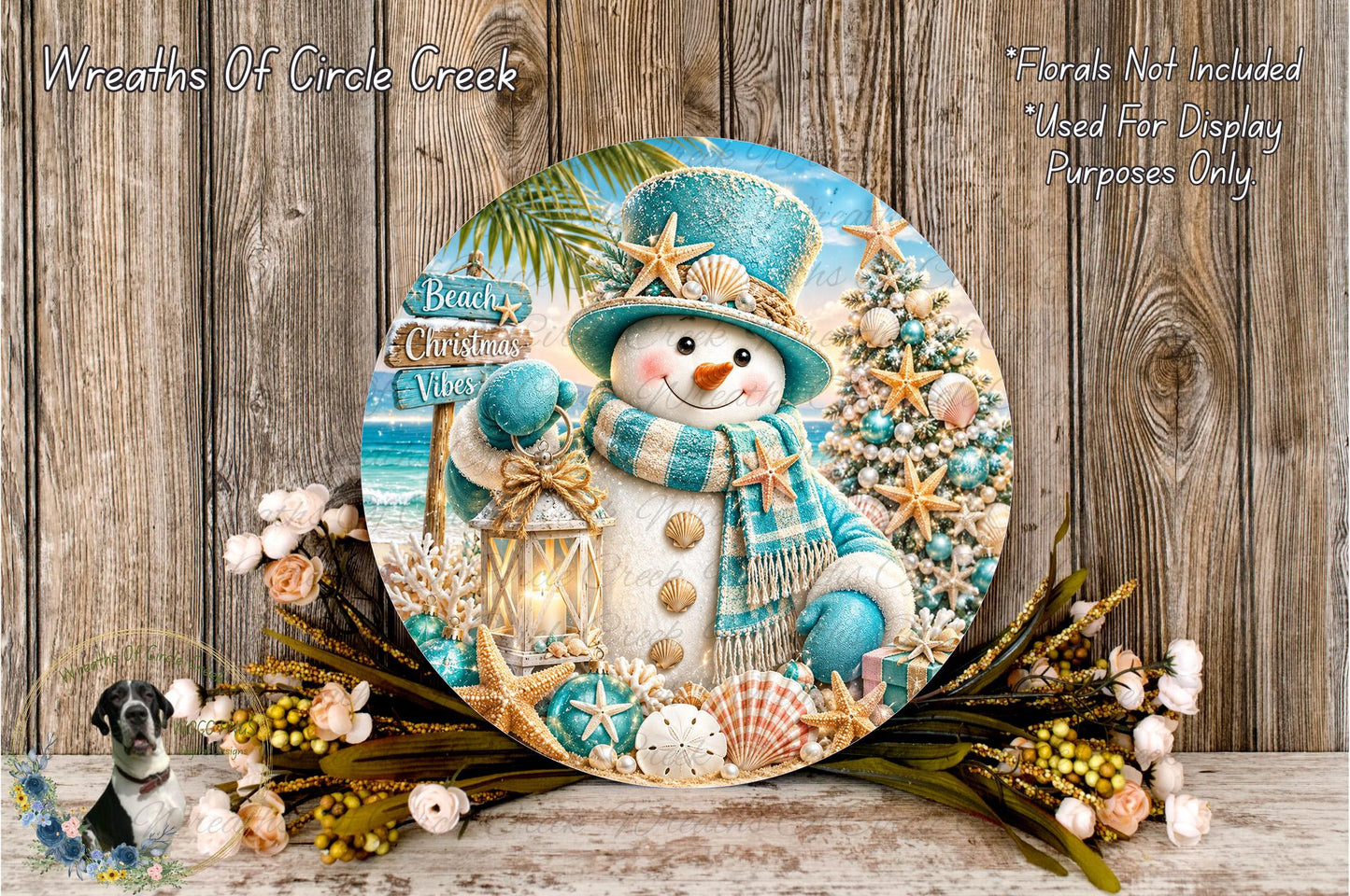A snowman wearing a blue and white striped scarf, holding a lantern, surrounded by seashells, starfish, and a Christmas tree, with a beach sign in the background.