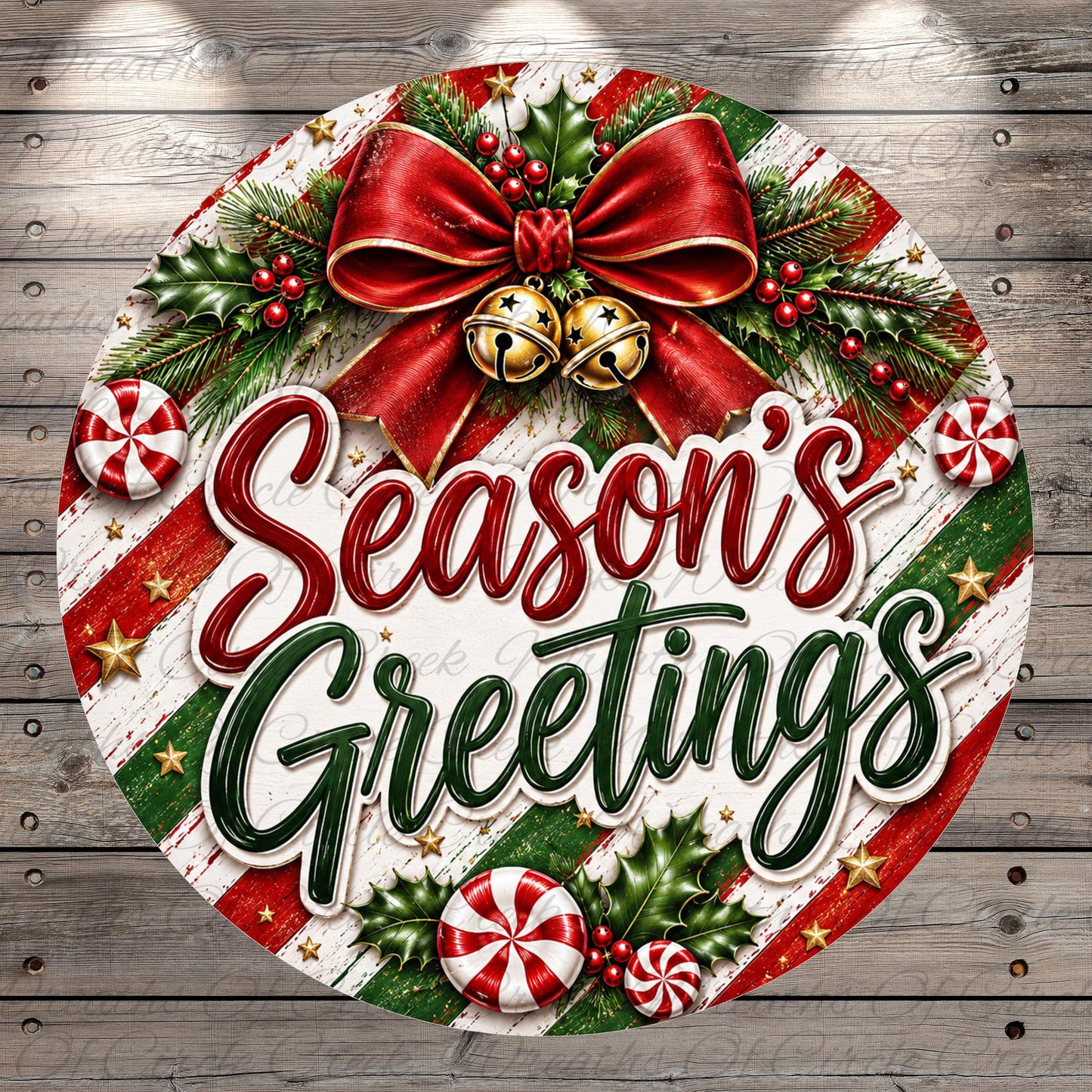 A festive round sign with a red bow, Christmas decorations, and the text "Season's Greetings" against a wooden background.