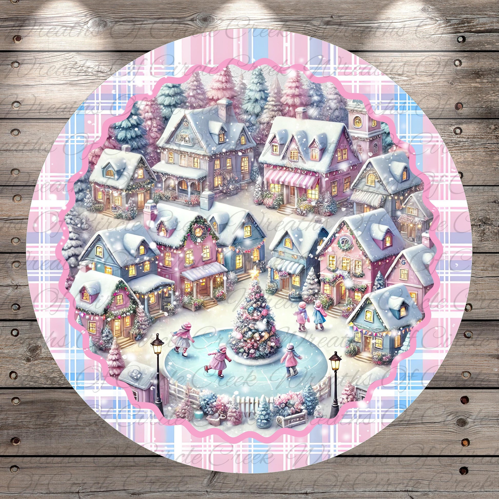 A festive winter village scene with colorful houses, a Christmas tree, and people skating on a frozen pond.