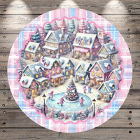A festive winter village scene with colorful houses, a Christmas tree, and people skating on a frozen pond.