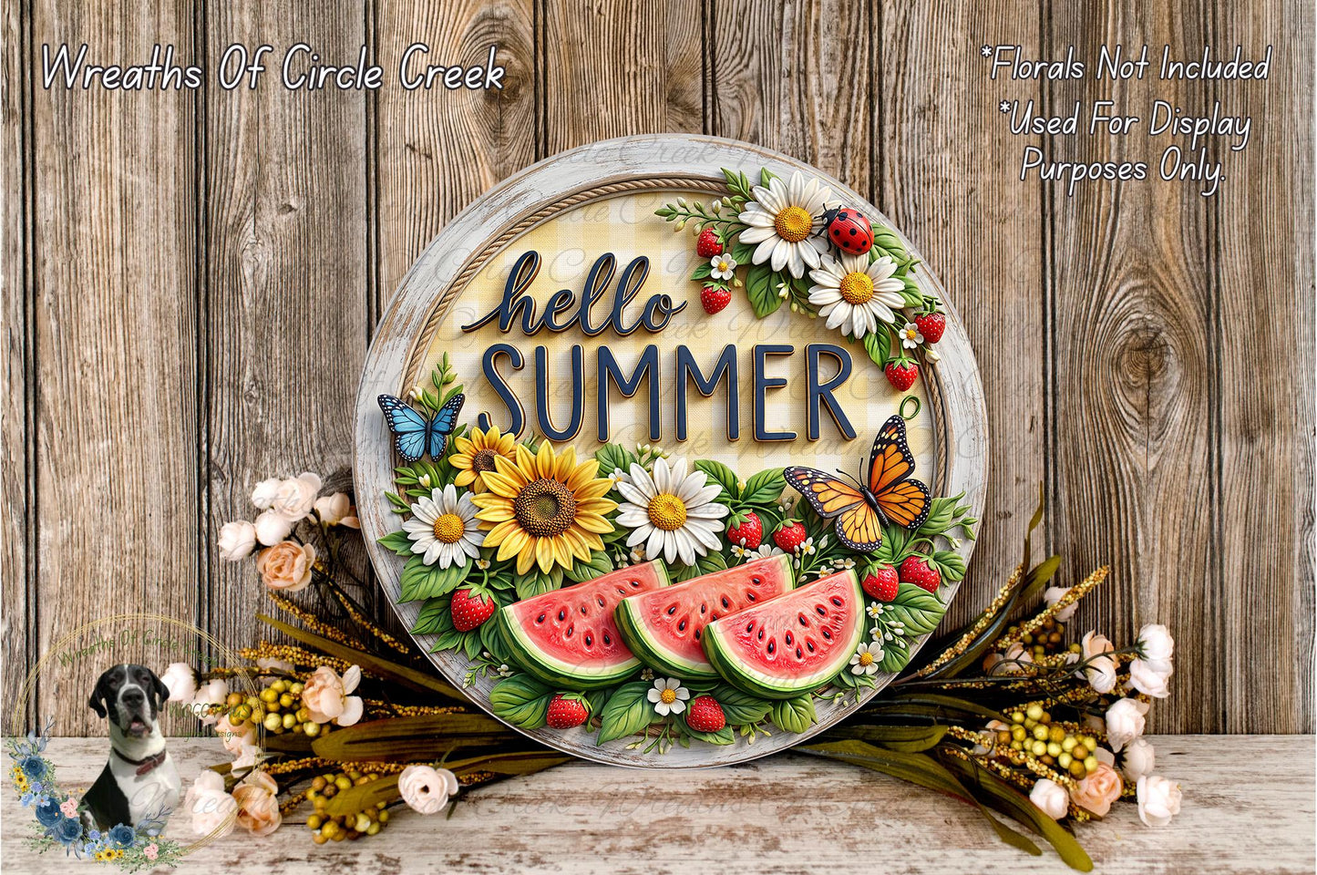 A decorative sign with the text "Hello Summer" surrounded by various flowers, including sunflowers, daisies, and strawberries, placed on a wooden surface.