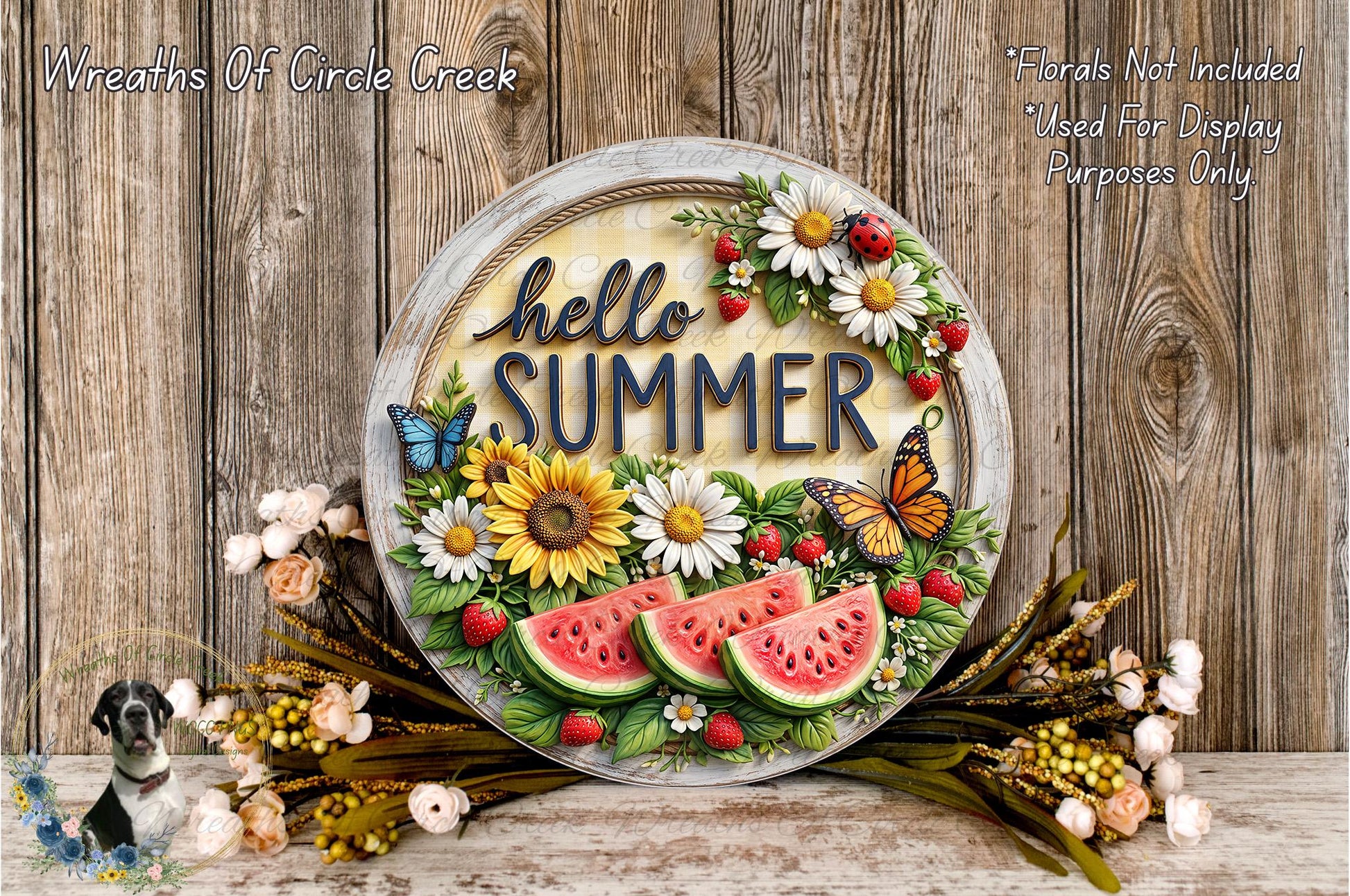 A decorative sign with the text "Hello Summer" surrounded by various flowers, including sunflowers, daisies, and strawberries, placed on a wooden surface.