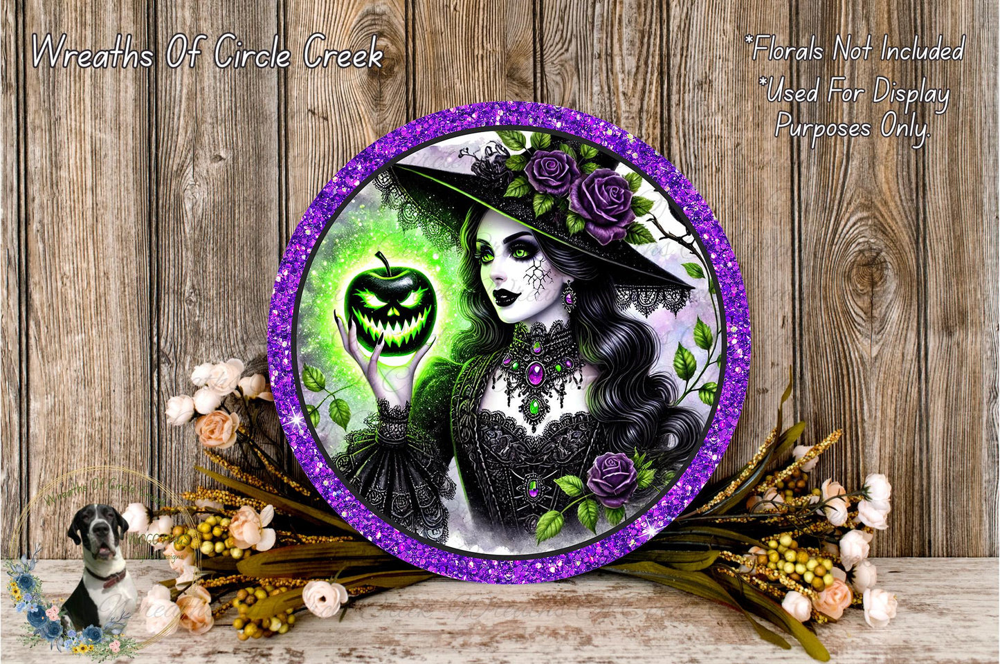 a woman with a pumpkin in her hand, surrounded by flowers and a purple border.