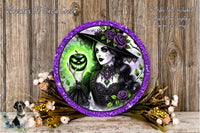 a woman with a pumpkin in her hand, surrounded by flowers and a purple border.