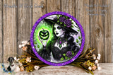 a woman with a pumpkin in her hand, surrounded by flowers and a purple border.