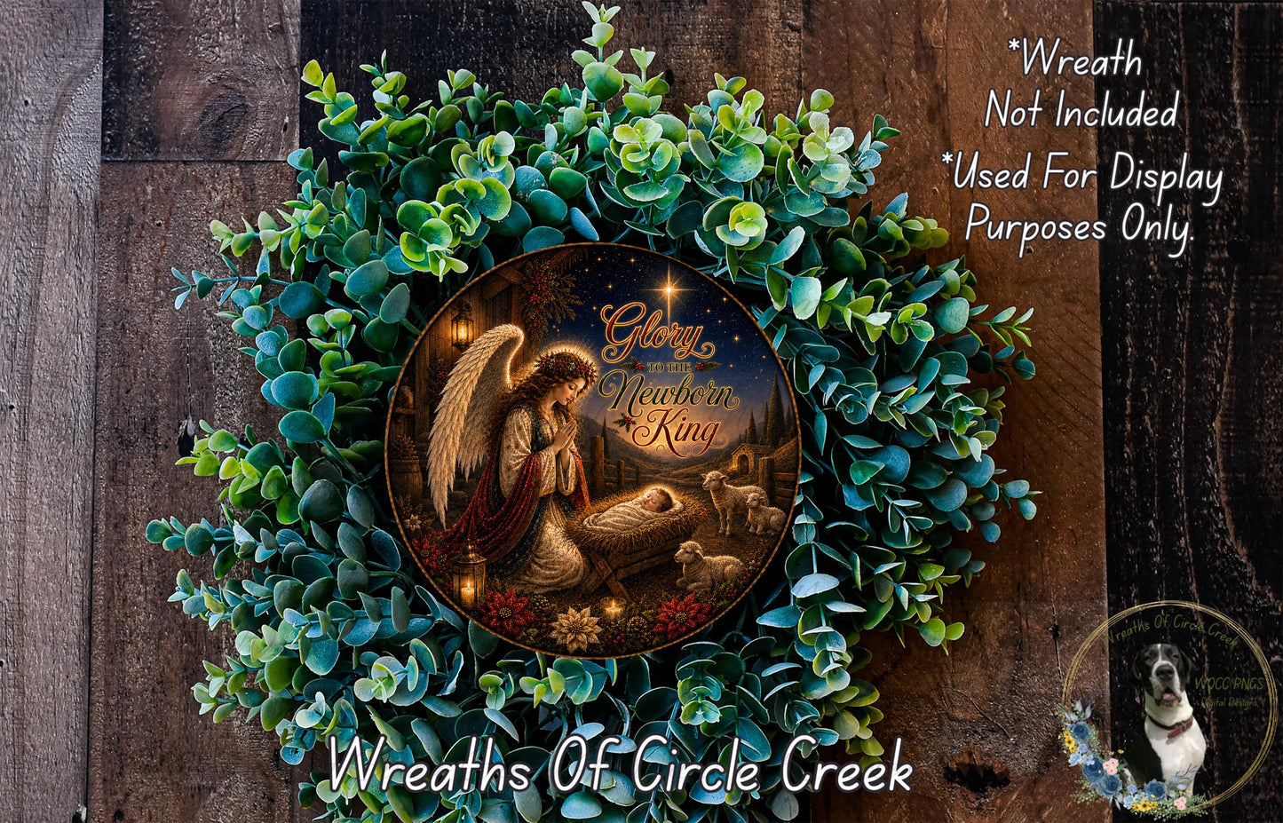 A wreath with a central image of an angel and a baby Jesus, surrounded by greenery, and a message that reads "Gloria, you are the King".