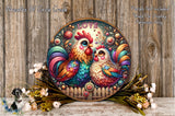 a vibrant, colorful wreath with two roosters, surrounded by flowers and a wooden fence. The wreath is displayed on a wooden surface, and there is a small bird figurine in the bottom left corner.