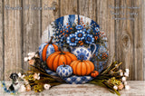 A decorative arrangement of pumpkins, flowers, and a vase on a wooden surface, with a text overlay providing information about the wreaths of circle creek.