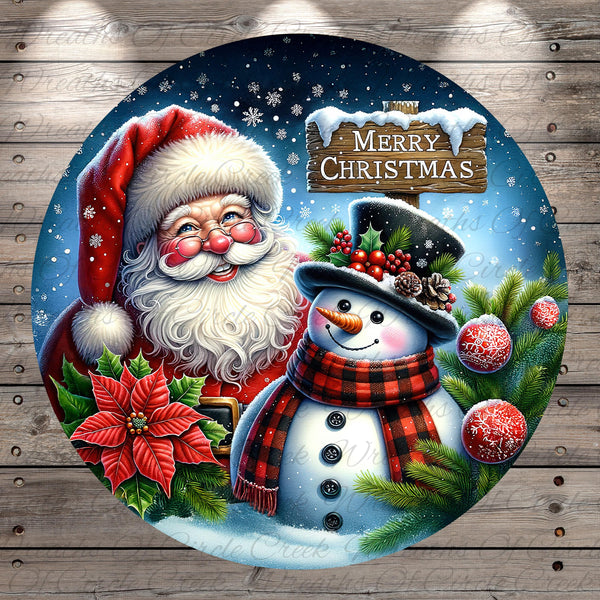Santa Claus and a snowman are depicted in a festive winter scene, surrounded by snowflakes and holiday decorations.