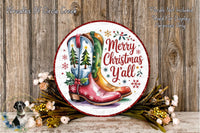 A festive Christmas wreath with a pair of red cowboy boots as the central design element, surrounded by flowers and greenery.