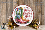 A festive Christmas wreath with a pair of red cowboy boots as the central design element, surrounded by flowers and greenery.