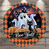 A Halloween-themed illustration featuring a ghost, a cat, and pumpkins, with the text "Boo Yall" displayed prominently.